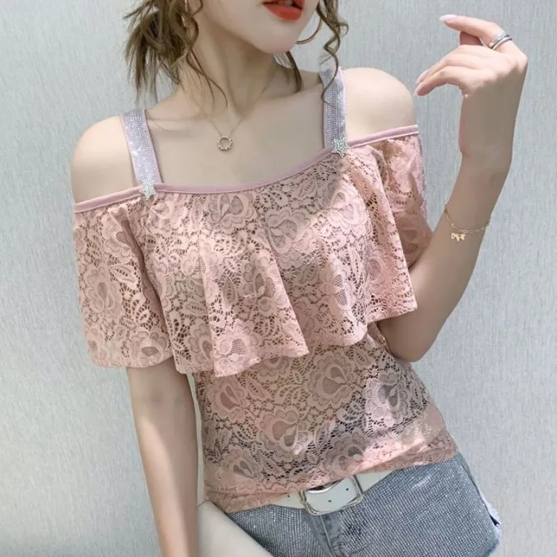 T-shirt à paillettes pour femmes, épaules dénudées, Streetwear coréen, vêtements esthétiques de base, vêtements de vente bon marché, commentaires, vente en gros