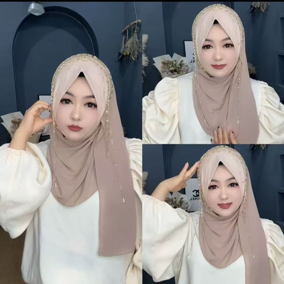Hijabs pour femmes musulmanes bleus et roses avec perles et pompons, foulard de Ramadan, élégant pour les soirées, style malaisien, foulard Kufi islamique, été