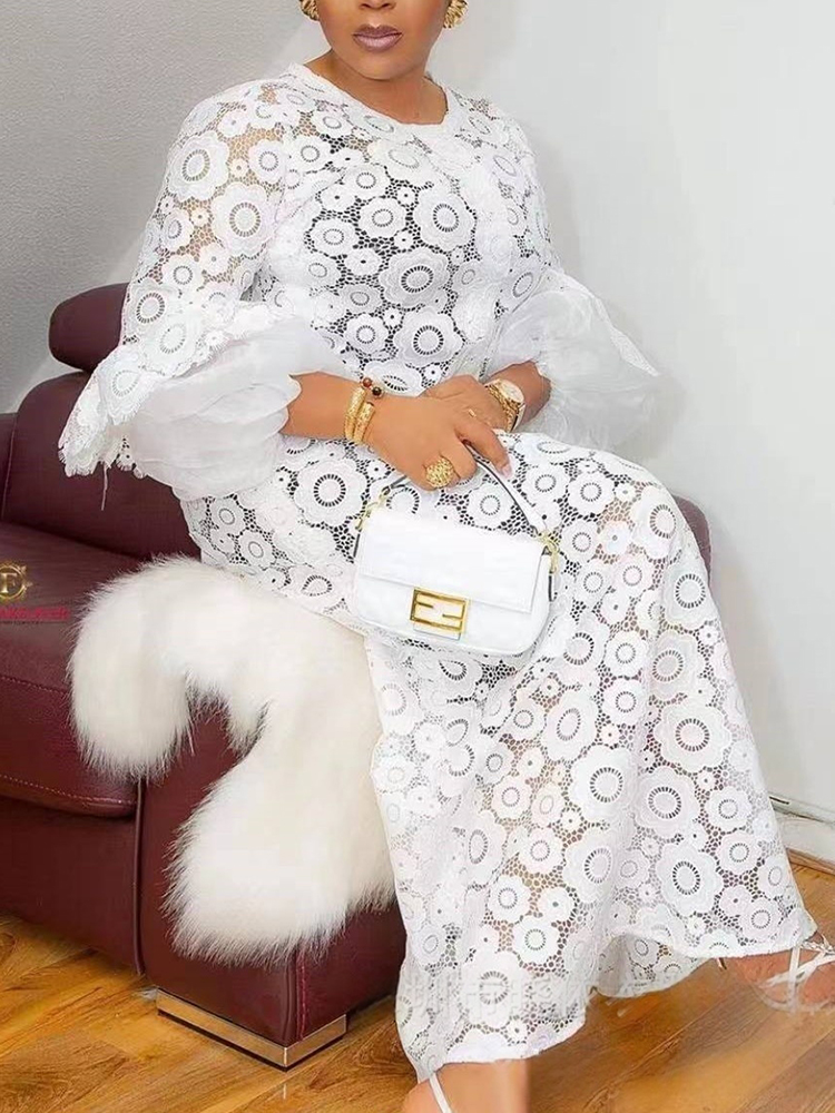 Robe longue droite élégante pour femmes, robe d'été grande taille avec manches papillon, robe longue blanche à lacets transparents, Vintage