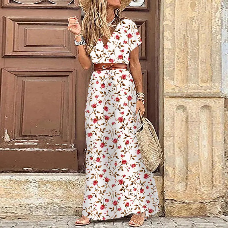 Robe mi-longue plissée florale en forme de H pour femmes, col en V, manches bouffantes, taille froncée, robes boutonnées, robe d'été élégante