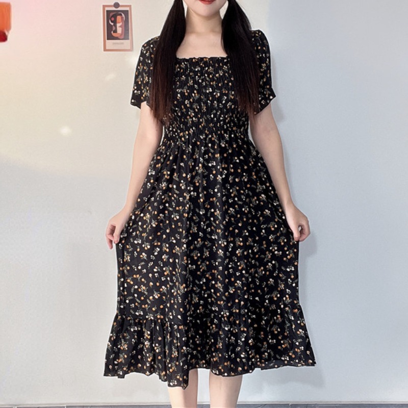 Printemps été robe en mousseline de soie femmes robes décontractées femme taille élastique à manches courtes imprimé fleuri Midi robes trapèze robes