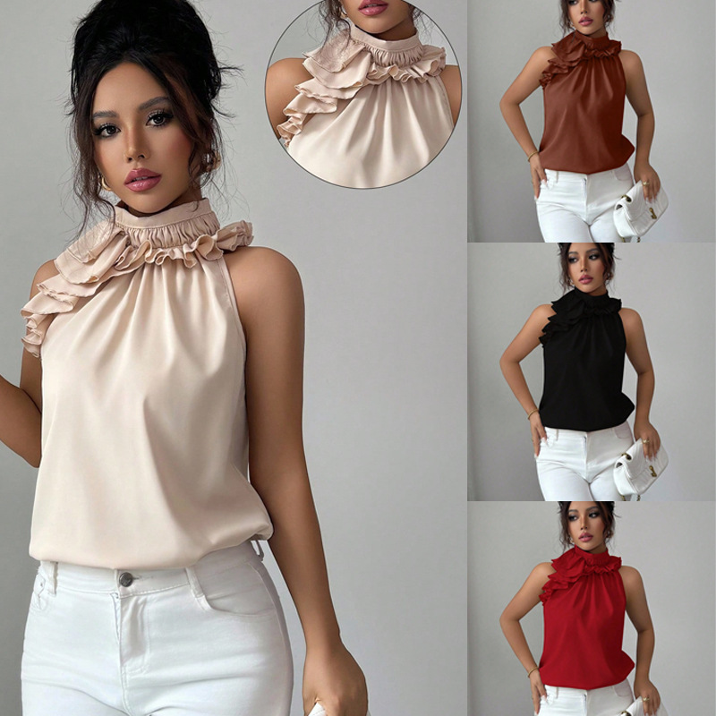 Nouvelle Collection Été – Blouse Femme Tendance à Col Pétale, Dos Nu, Épaules Dénudées, Coupe Slim, Sans Manches, Couleur Unie – Haut Pullover pour Femme