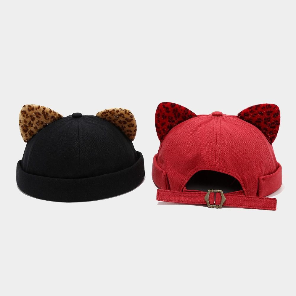 Casquette Docker Melon Hip Hop à Oreilles de Chat Imprimé Léopard, sans Visière, Couleur Unie, Bord Roulé, Réglable, pour l'Extérieur