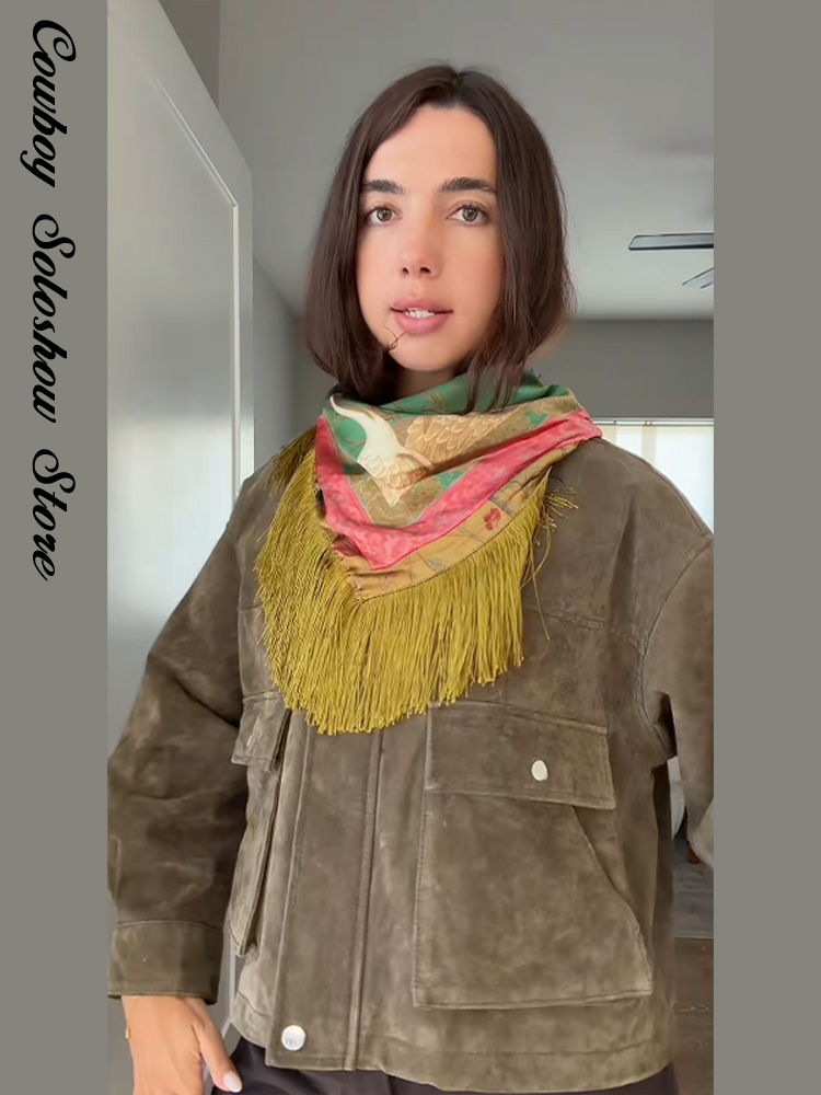 Écharpe carrée vintage imprimée à franges et patchwork pour femme, vert, mode décontractée, style urbain, châle de printemps 2026
