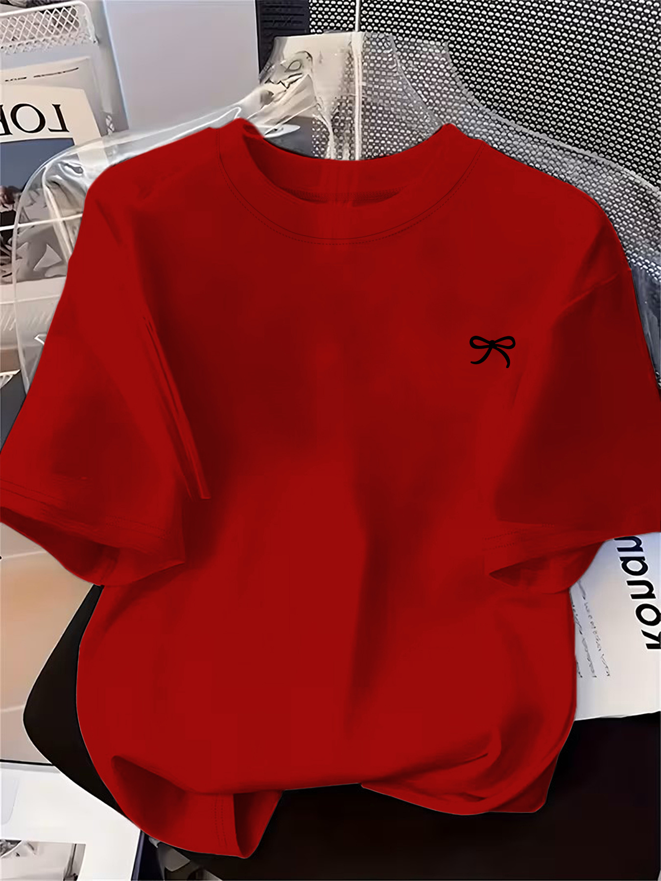 Vêtements d'été pour femmes, T-shirt à manches courtes avec motif de nœud noir, T-shirt imprimé décontracté à la mode pour femmes