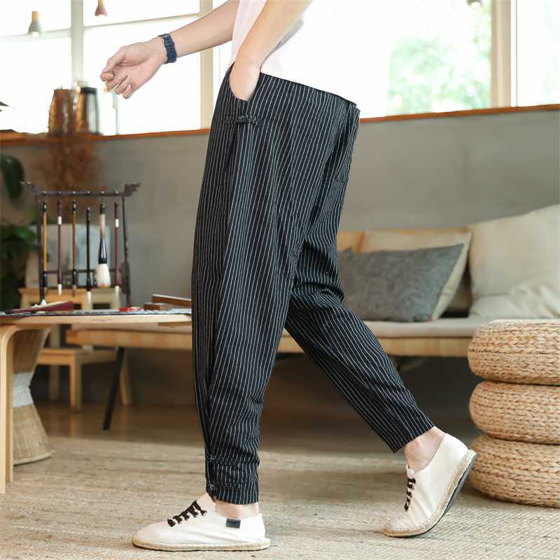 Pantalon Harem Homme Longueur Cheville avec Taille Élastique en Coton et Lin à Rayures – Nouvelle Collection 2026 Vêtements Homme
