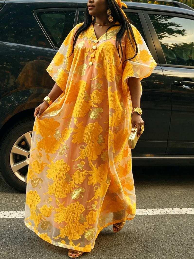 Robe longue de luxe pour femme en jacquard africain, style Bubu Kaftan, col en V, manches chauve-souris courtes, boutonnée, pour église, fête, ou invitée de mariage