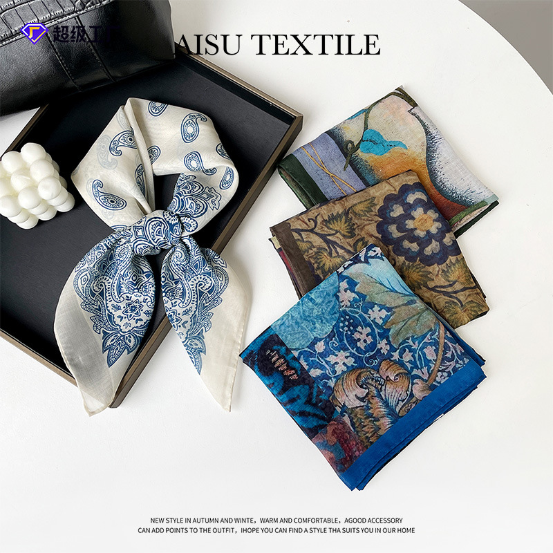 Rétro peinture à l'huile coton lin bandeau soie petite écharpe carrée femmes conception mince taille écharpe décorative bandeau foulard 4w923