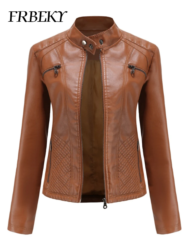 Femmes manteau automne nouvelle veste en cuir décontractée col montant à manches longues veste mince couleur unie manteau Streetwear veste à glissière