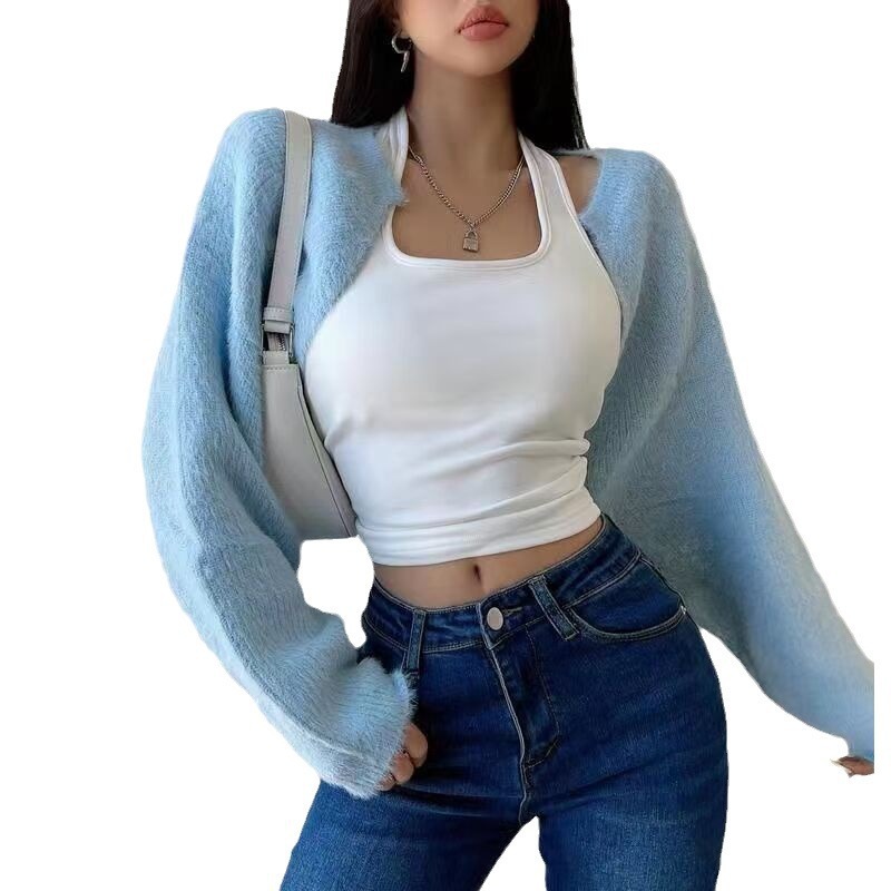 Cardigan court à col rond pour femmes, tunique à manches longues, pulls côtelés solides, vestes à la mode, vêtements coréens Sucirculation Mujer