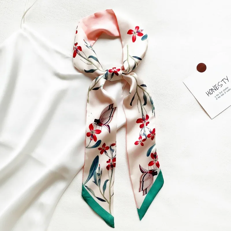 Longue écharpe en soie de luxe pour femmes, imprimé de fleurs, fine et étroite, sac, bandeau pour cheveux, ruban, foulard pour femmes