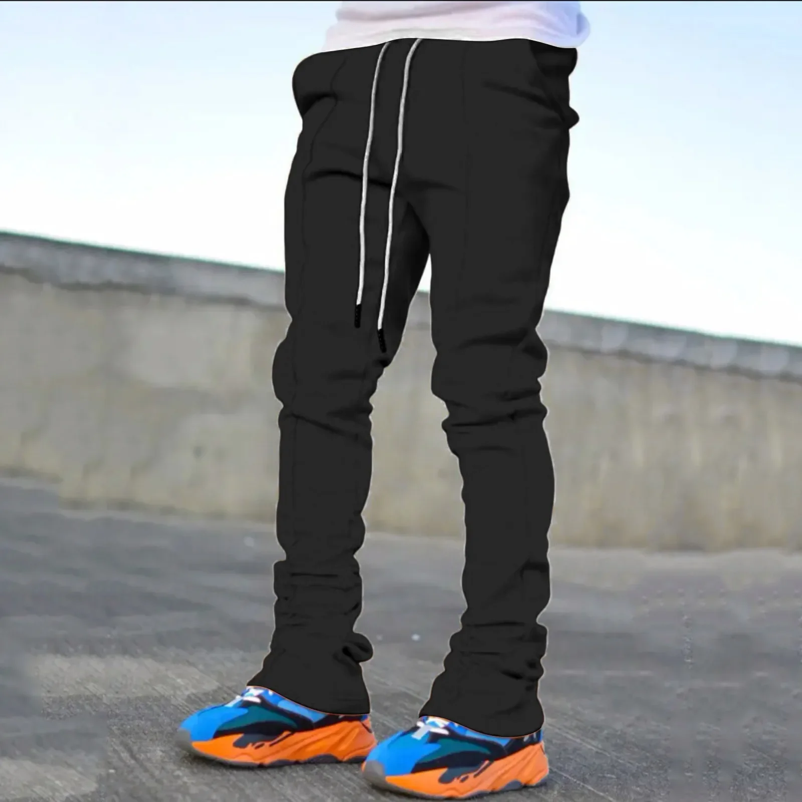 Pantalons décontractés pour hommes, couleur unie, nouveau Design, pantalons de survêtement évasés personnalisés, vêtements de rue, pantalons empilés pour hommes