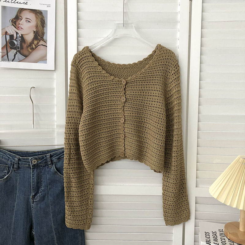 Cardigan en Crochet pour femmes, tricot ajouré transparent, manches longues, boutonné, haut court, haussement d'épaules pour adolescentes, tenue d'automne et de printemps Y2K