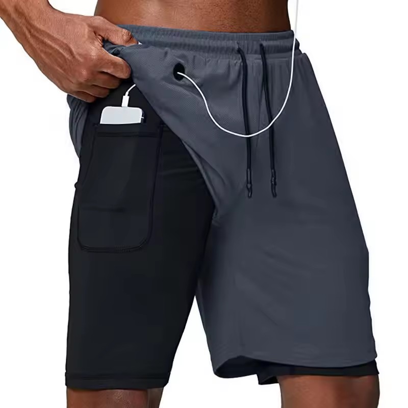 Shorts décontractés pour hommes, vêtements de sport d'été, shorts double couche pour hommes, shorts de gym, vêtements de fitness, vêtements de sport pour hommes, pantalons courts noirs à la mode pour hommes