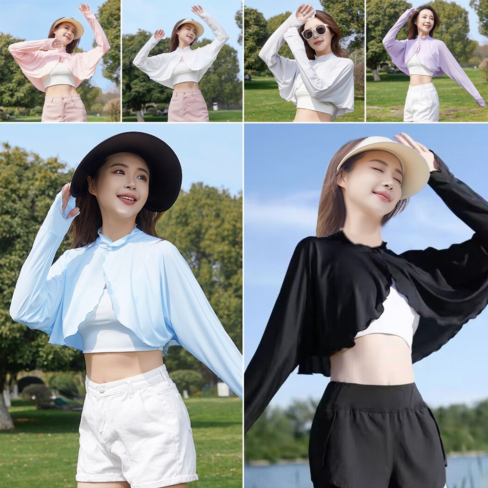 Nouvelle cape de protection solaire décontractée pour femme, couleur unie, respirante, à manches longues, en soie glacée fine, pour l'été et les activités de plein air