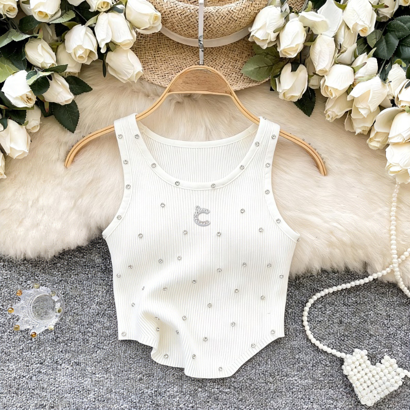 Débardeur court en maille côtelée extensible blanc pour femme, décontracté, d'été, avec détails en strass, sans manches, col rond