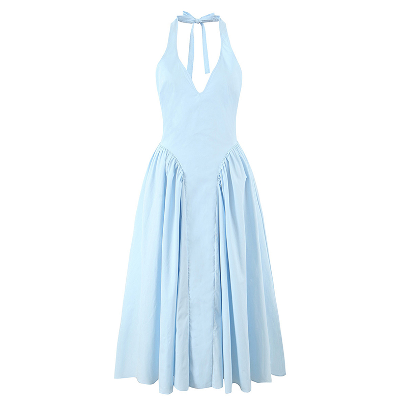 YENKYE nouveau élégant bleu licou Midi Robe longue femmes Sexy dos nu col en V profond taille basse a-ligne robes Robe de soirée 2025