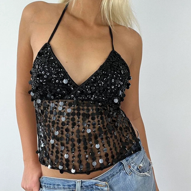 Haut court à paillettes pour femmes, col en V, dos nu, débardeur scintillant, Camisole Sexy, fête Rave, tenues des années 2000