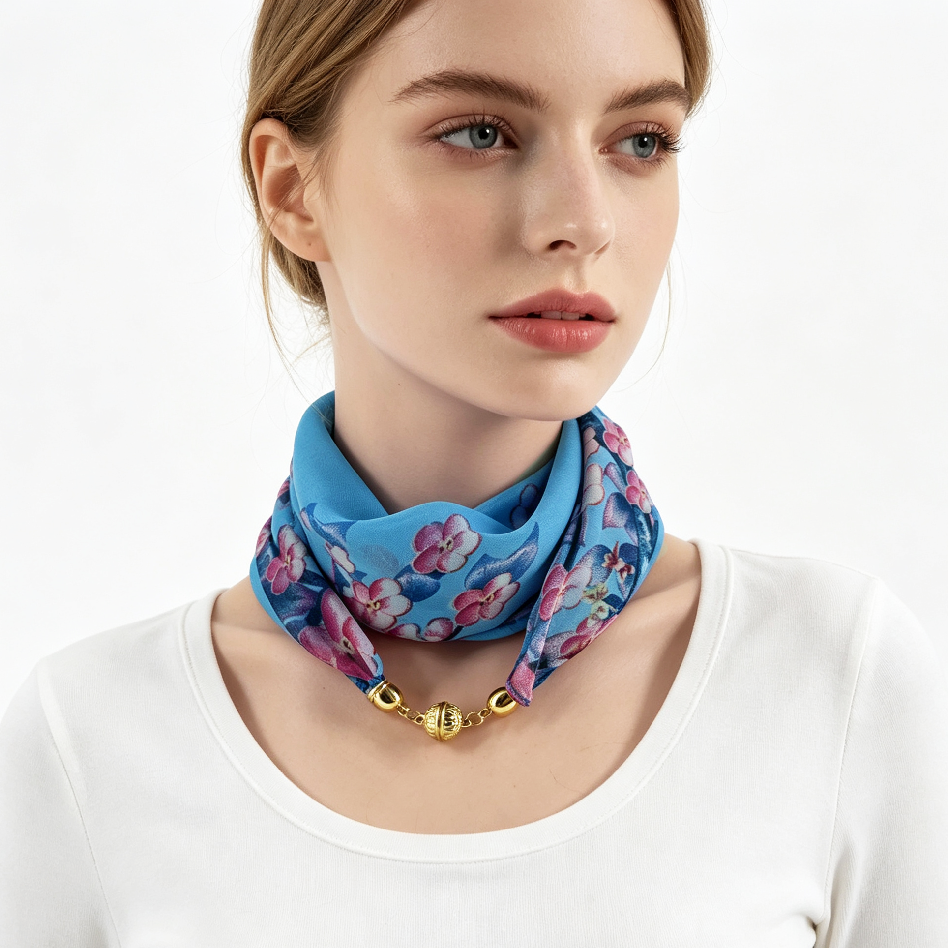 Écharpe de cou à imprimé floral avec boucle magnétique pour femme, écharpe fine semi-transparente en mousseline, facile à porter, tendance et assortie