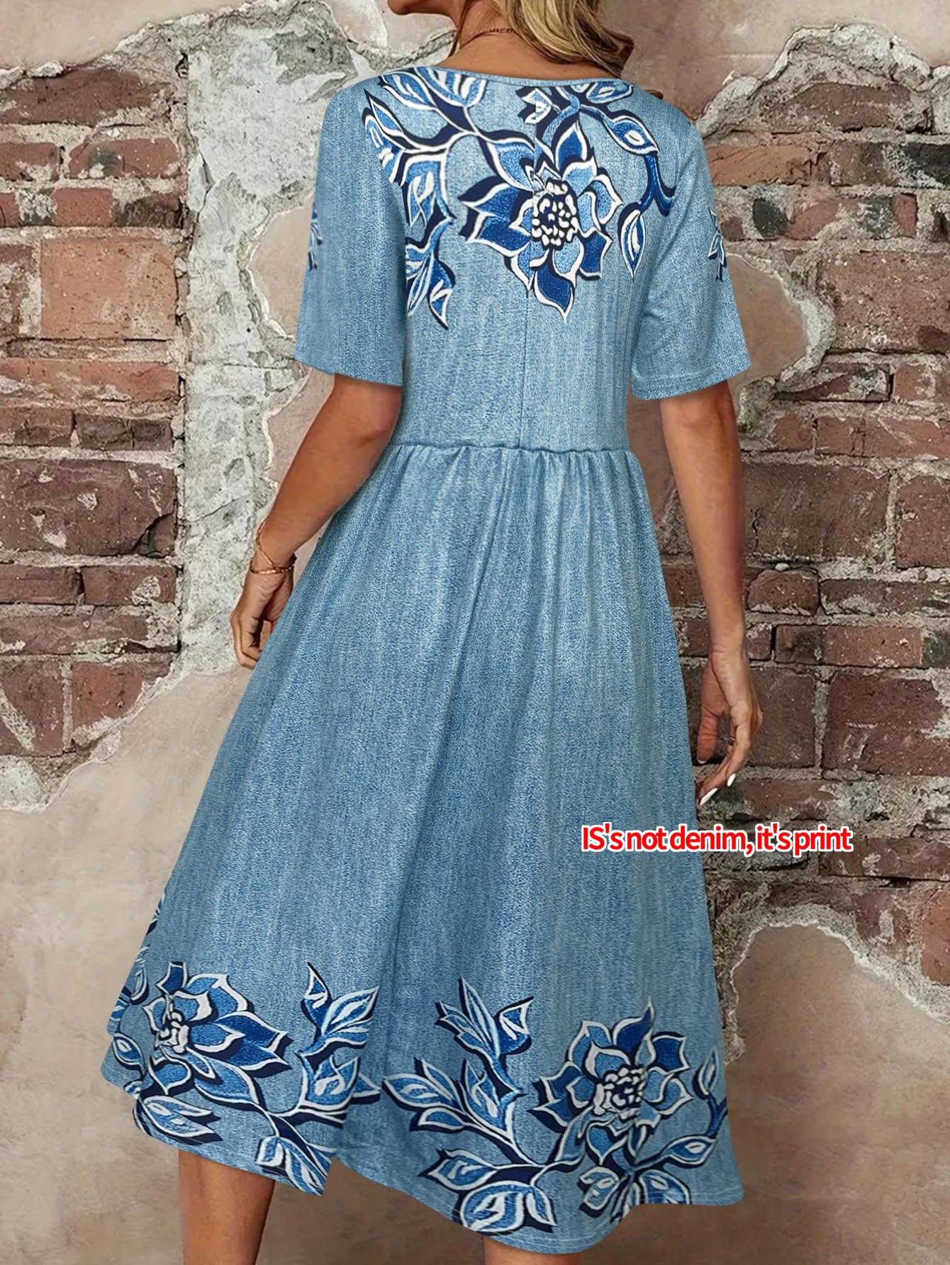 Robe midi en faux denim à imprimé floral pour femme, robe d'été décontractée à imprimé, boutonnée sur le devant, avec poche, manches courtes, style bohème