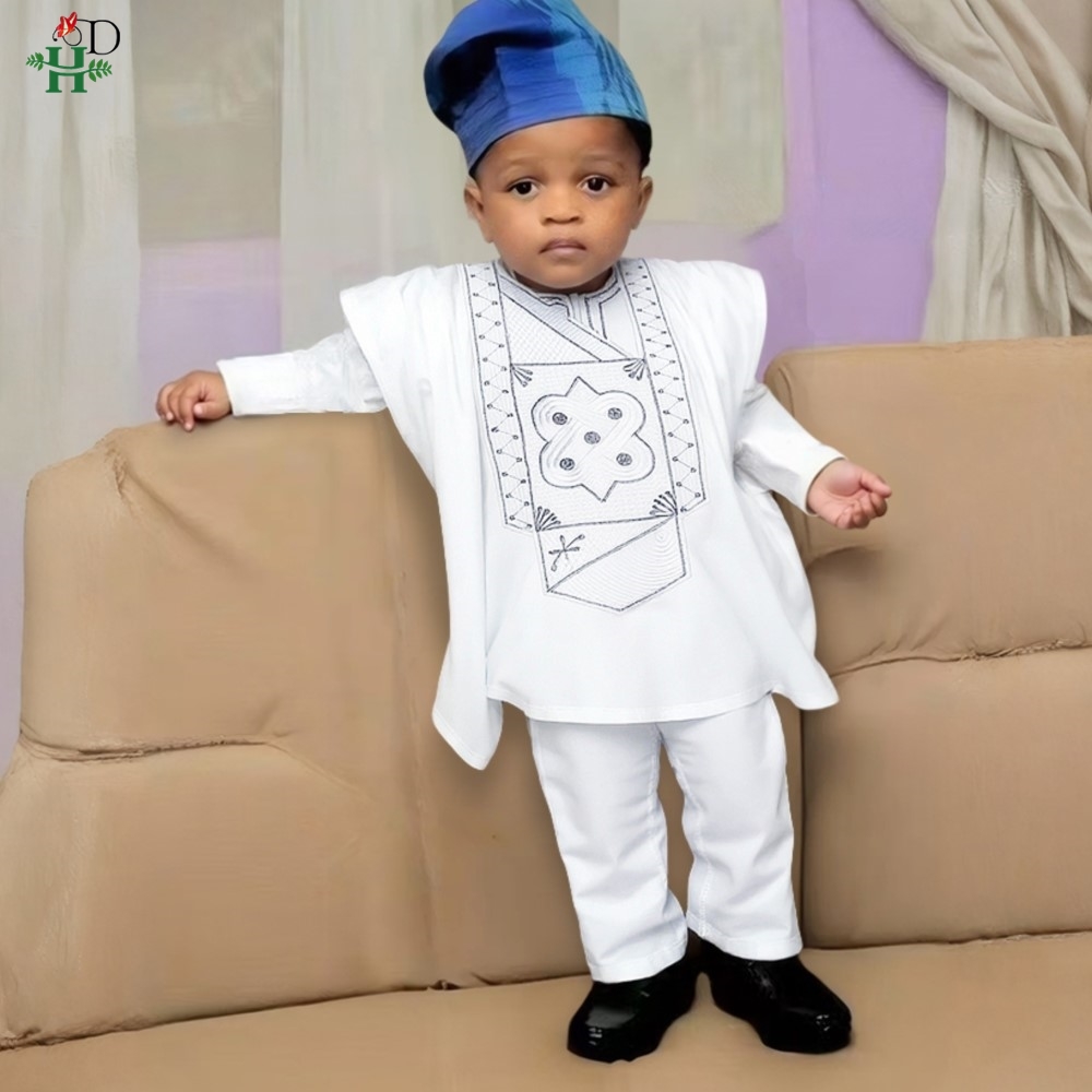 2025 nouveaux vêtements traditionnels africains pour enfants garçon blanc bleu 3 pièces ensemble à manches longues hauts broderie Dashiki Robe chemise pantalon enfant