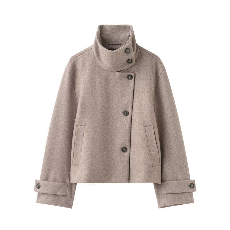 Manteau d'automne à col montant pour femme, élégant, à manches longues, simple boutonnage, style français, couleur unie, vêtement d'extérieur tendance