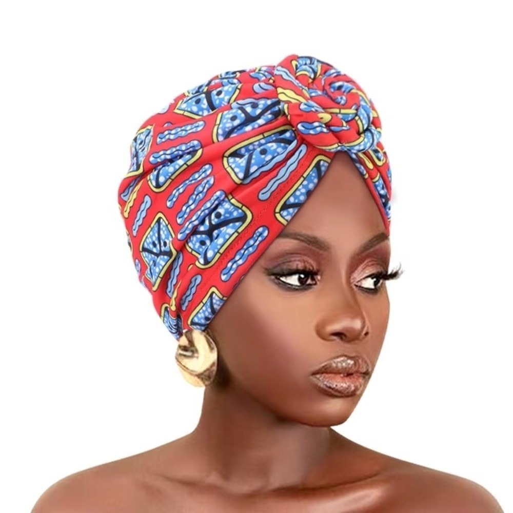 Bonnet Hijab Plissé à Nœud Torsadé Style Turban Imprimé Africain Tendance, Chapeau Élastique Noué, Foulard Floral Polyvalent Décoratif