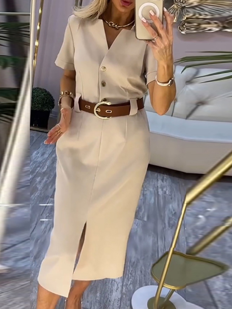 Robe de soirée pour femmes, couleur unie, taille haute, élégante, manches courtes, fendue, droite, Sexy, col en v, simple boutonnage, mi-longue