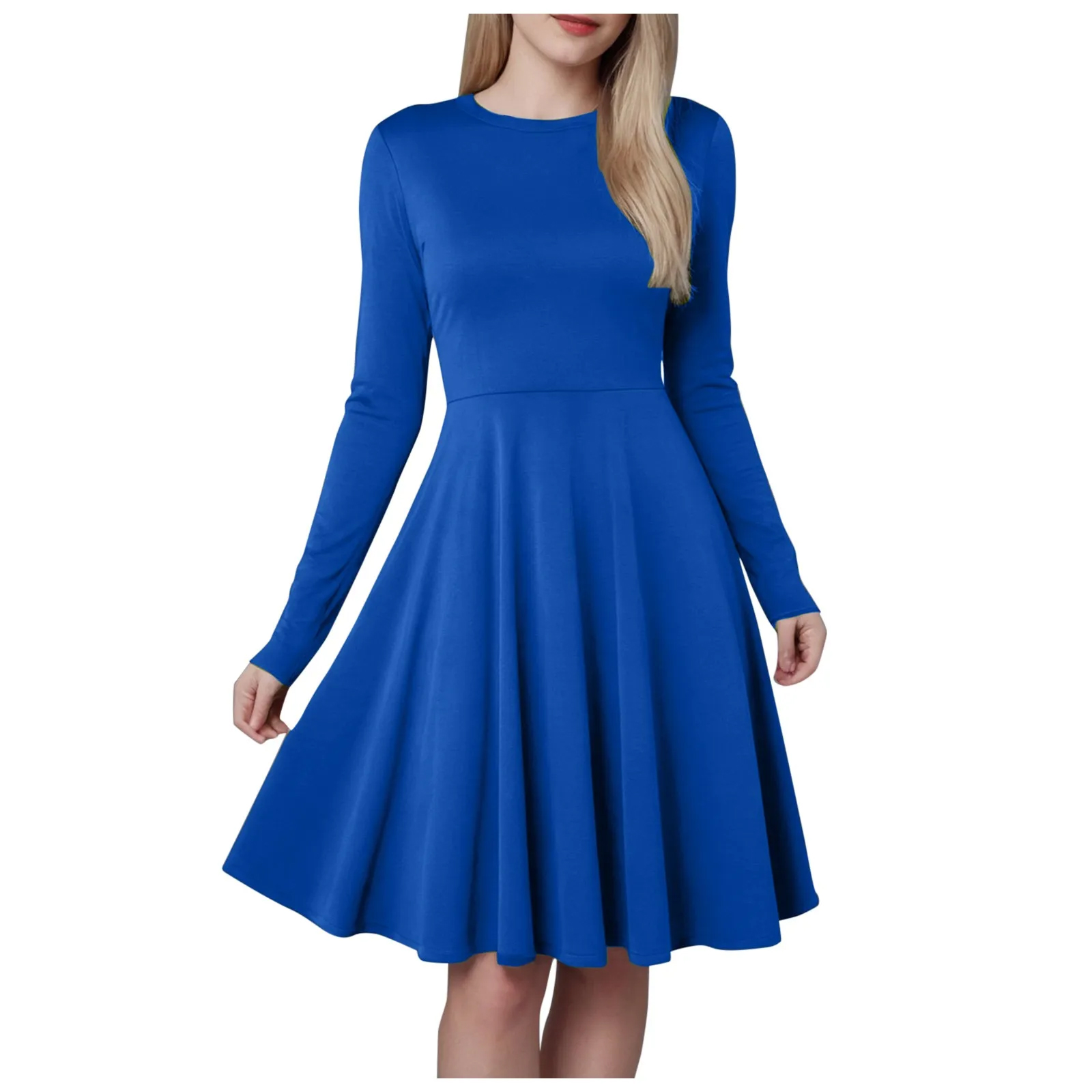 Robe trapèze à manches longues et col rond pour femme, tenue lisse et élégante, couleur unie, tenue décontractée, mi-longue, nouvelle collection automne hiver