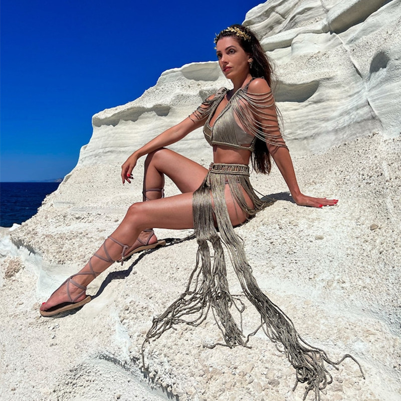 Ensemble haut court et jupe longue pour femmes, fait à la main, crochet, couvertures lancées, solide, pompon, maxi, été, plage, bain, trempé, 2024