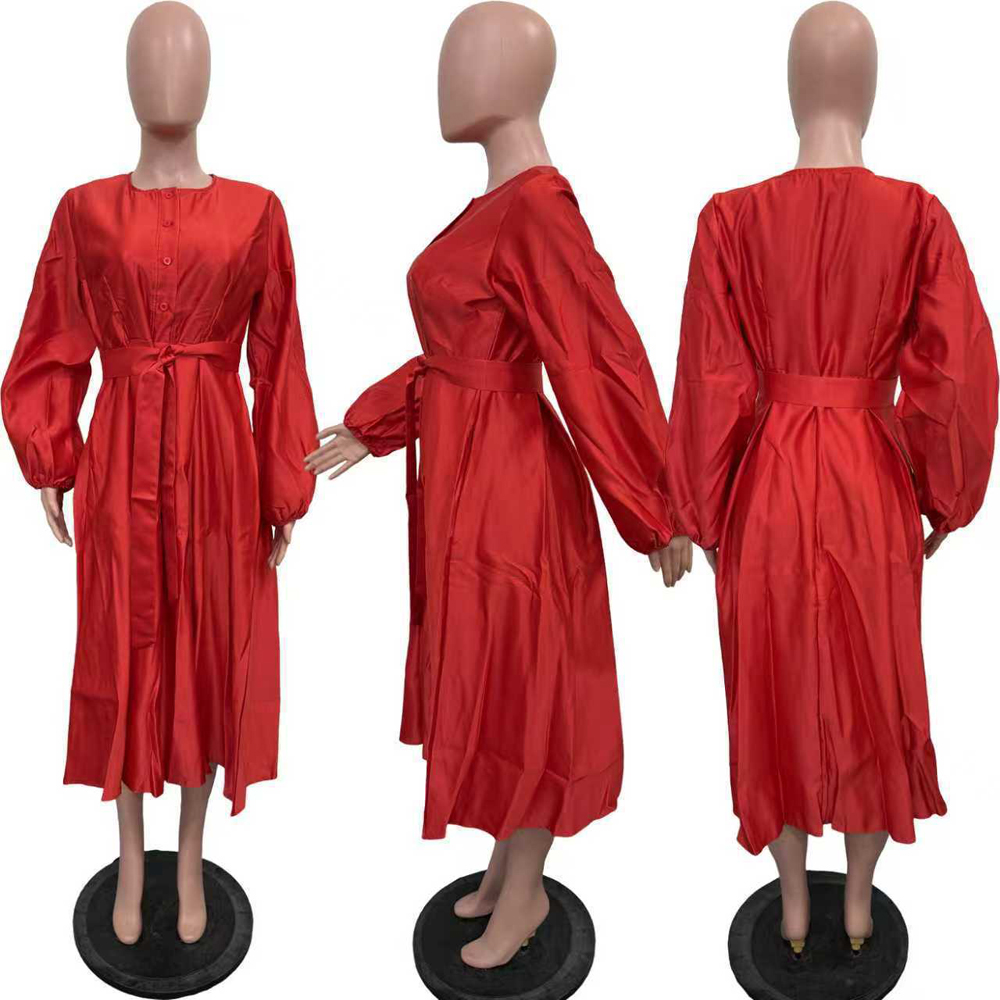Robe Vintage Chic pour Femme, Style Swing, Manches Longues Lanterne, Ceinturée, Boutonnée, Élégante, en Satin Fluide, Coupe Maxi, A-Line ou Midi, pour Cérémonie et Soirée