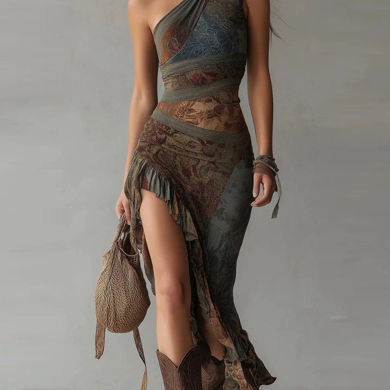 Robe pour femmes, tendance européenne et américaine, nouvelle robe sexy printemps/été, rétro, patchwork, imprimé asymétrique, fente haute
