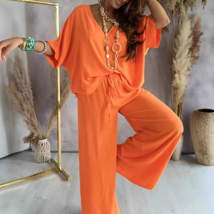 Ensembles amples 2 pièces pour femmes en promotion : Chemisiers à col en V et manches courtes & Pantalons de plage taille haute à jambes larges NMD-3032