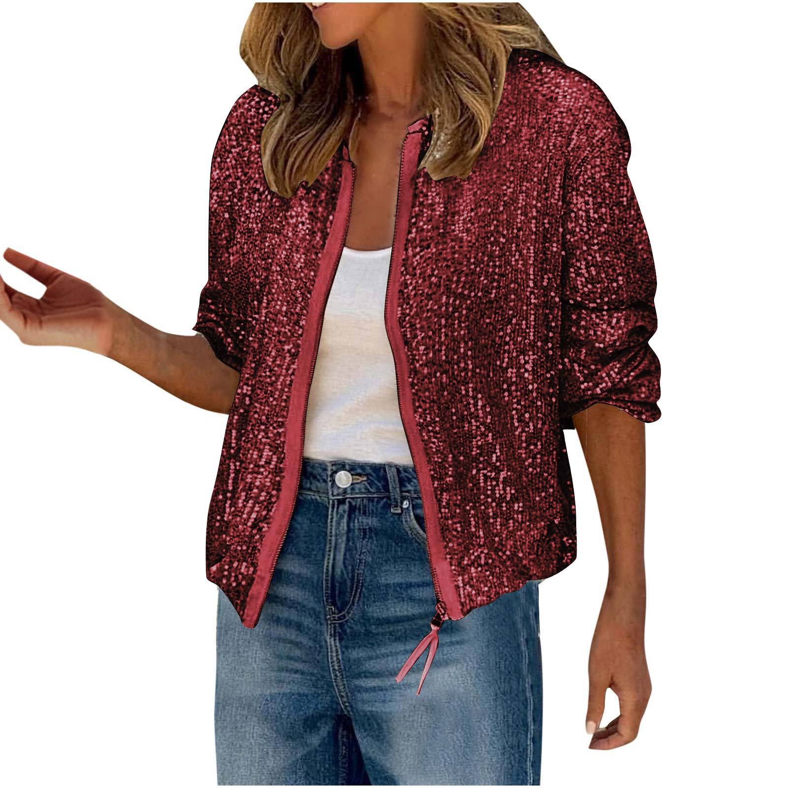 Veste à paillettes scintillantes pour femmes, coupe cintrée, couleur unie, fermeture éclair, manteaux à la mode, boîte de nuit, Streetwear, manteaux à paillettes brillantes pour femmes