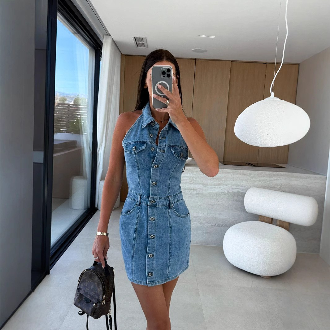 Robe en jean pour femme, col licou, décolleté plongeant, boutonnée, style décontracté chic, mini-jupe, vêtements Y2K