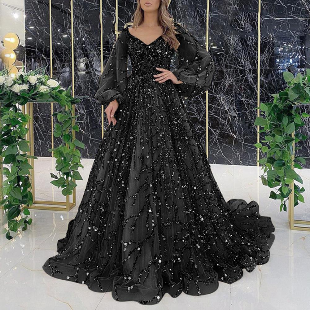 Robe de soirée pour femmes, manches lanternes, col en V, paillettes brillantes, ligne a, Double couche, longueur au sol, maille, robe de Cocktail, robe de bal