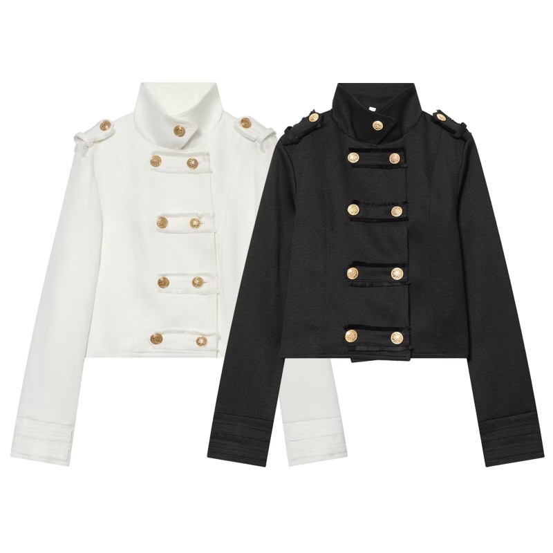 Veste Courte Femme - Manteau Court à Col Montant et Boutons Dorés Croisés, Nouvelle Collection 2026 Coupe Slim Chic