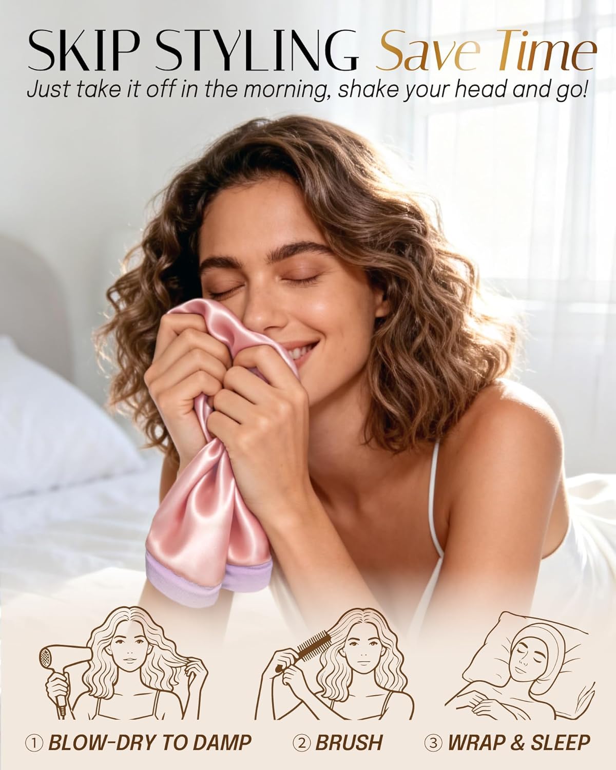Bonnet de nuit en satin pour femme, chapeau de nuit luxueux doublé en soie satinée, couvre-cheveux anti-frisottis pour dormir, doux et respirant, noir B