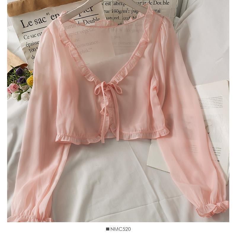 Châle d'été à volants en mousseline de soie pour femmes, couleur unie, manches longues, manteau fin Y2K, Cape boléro, vêtements d'été, haussement d'épaules pour les vacances
