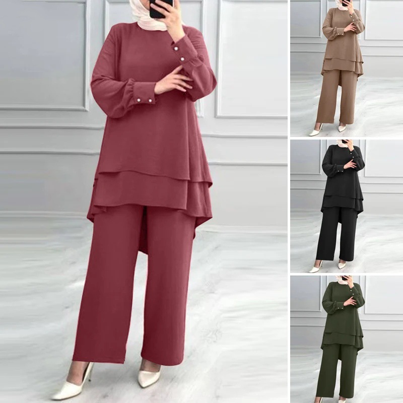 Ensemble 2 pièces pour femmes musulmanes, chemisier, Double haut, pantalon à jambes larges, costume marocain, Ramadan, Ensemble décontracté, tenues pantalon arabe de dubaï