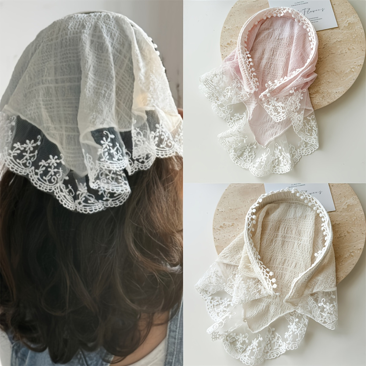 1 foulard triangulaire en dentelle de style pastoral avec bandeau pour les sorties printanières, accessoire de mode féminin, accessoire de coiffure pour spectacle