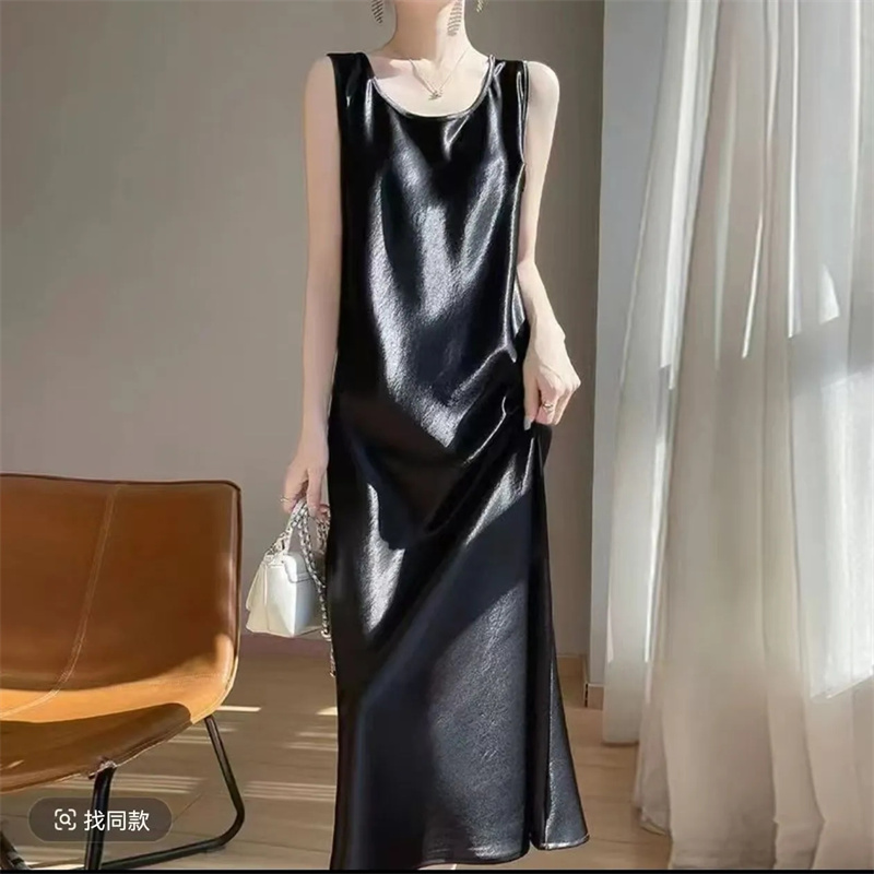 Robe maxi décontractée pour femmes, grande taille 5XL, robe longue en satin d'acétate haut de gamme, col rond, sans manches, vestidos pour femmes