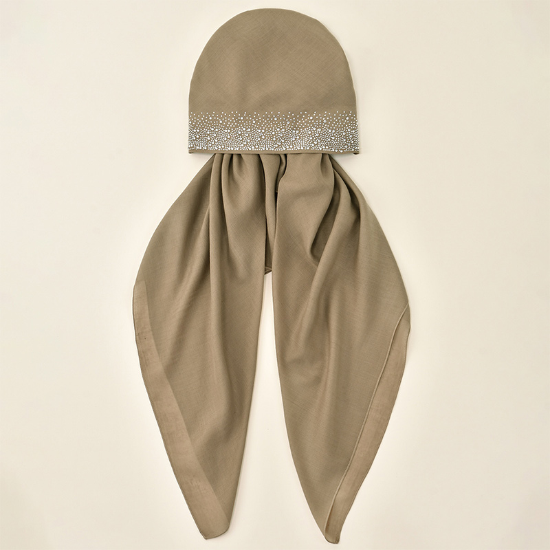 Hijab instantané en coton uni pour femme, avec deux queues, orné de strass, turban doux en coton de couleur unie, idéal pour le Ramadan