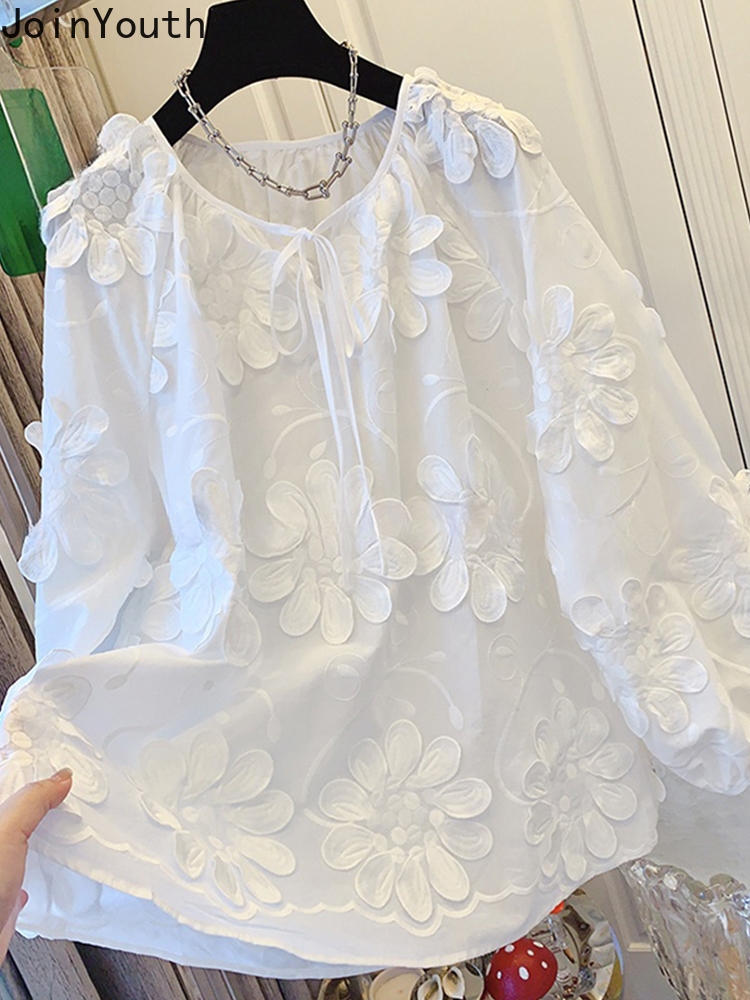 2025 Blusas Mujer De Moda Blouses blanches femmes vêtements col rond à manches longues chemises florales mode ample doux coréen Blouse hauts