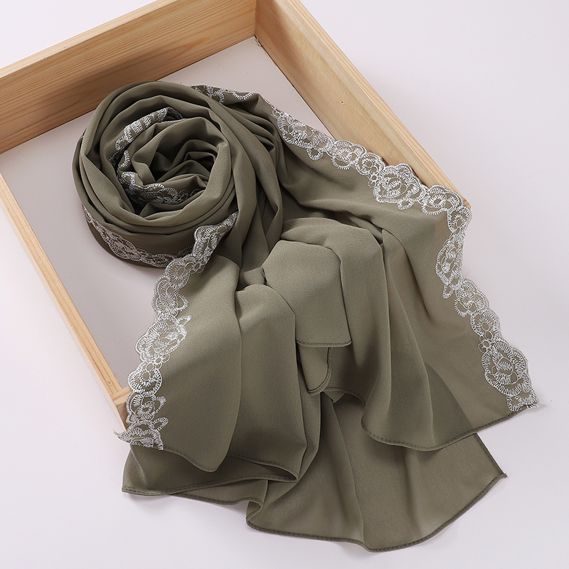 Hijab de luxe en mousseline avec bordure en dentelle, turban islamique, foulard, châle, voile musulman pour mariage