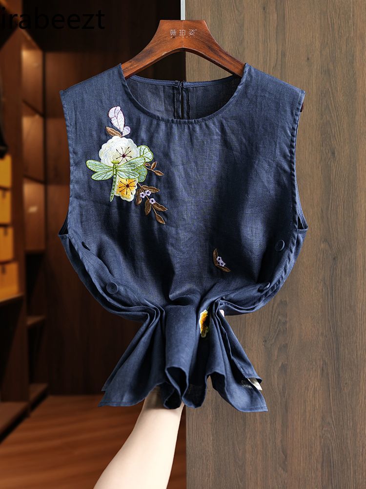 Gilet brodé en lin de Style chinois pour femmes, sans manches, ample, style Boho, tunique décontractée, débardeur d'été pour femmes