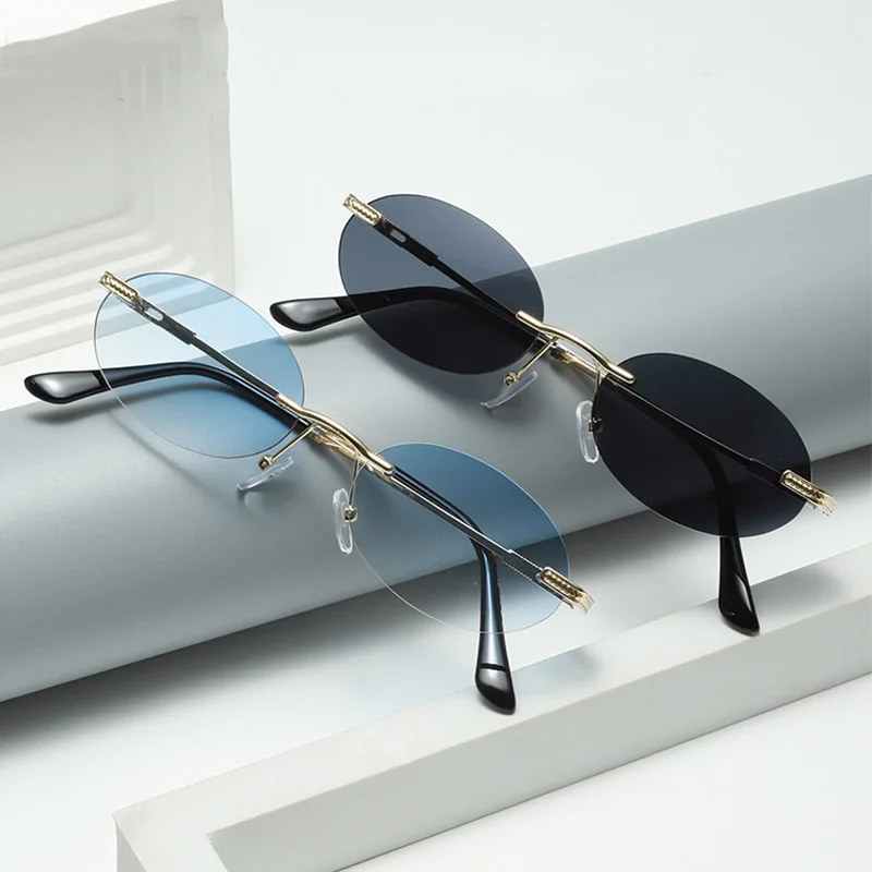 Lunettes de soleil ovales à la mode, petites nuances sans bords, marque de luxe de styliste pour femmes et hommes, lunettes de soleil en métal bleu, haute qualité, UV400