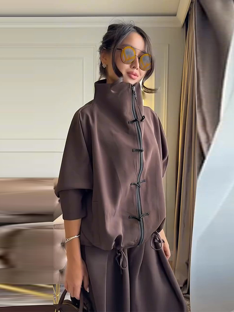 Ensemble pantalon deux pièces pour femme : Veste à boutons grenouille et pantalon large drapé à cordon de serrage – Vêtements femme printemps-été