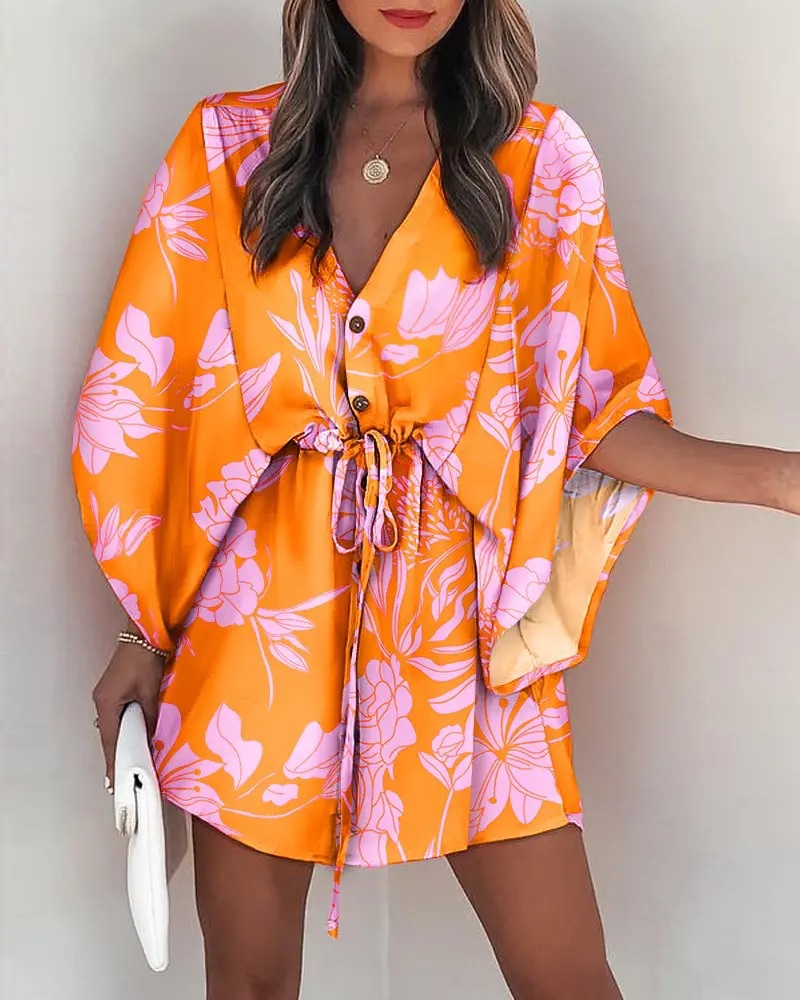 Robe d'été à imprimé floral pour femmes, manches chauve-souris, col en V, ourlet irrégulier à volants, vêtements féminins décontractés Boho, nouveau, 2024