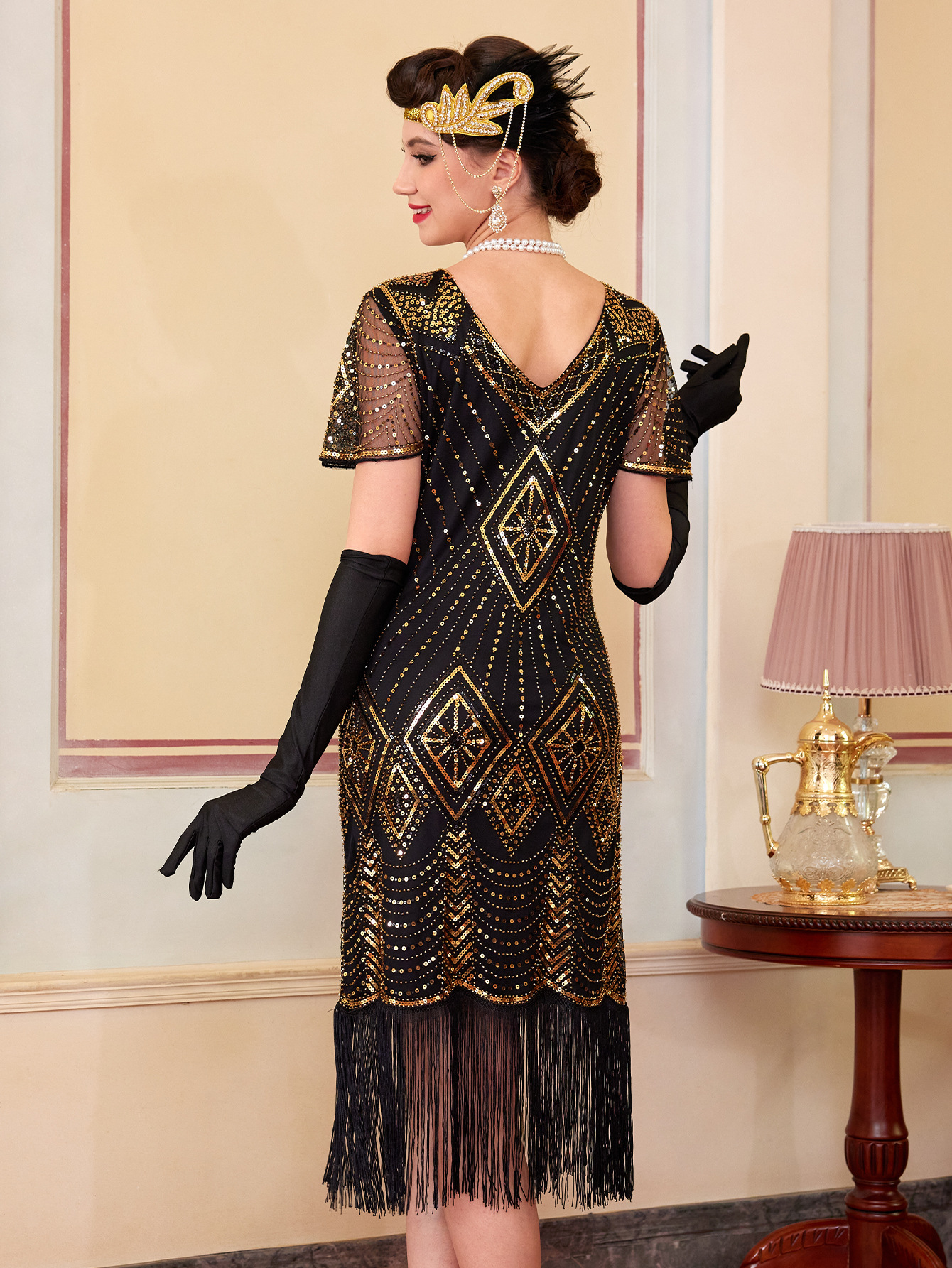 Robe de soirée Charleston des années 20 pour femme, bordeaux, col en V, sequins et franges, costume style Great Gatsby, robe de bal Art Déco des années 1920